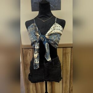 Blue and White Paisley Tie-Front Top